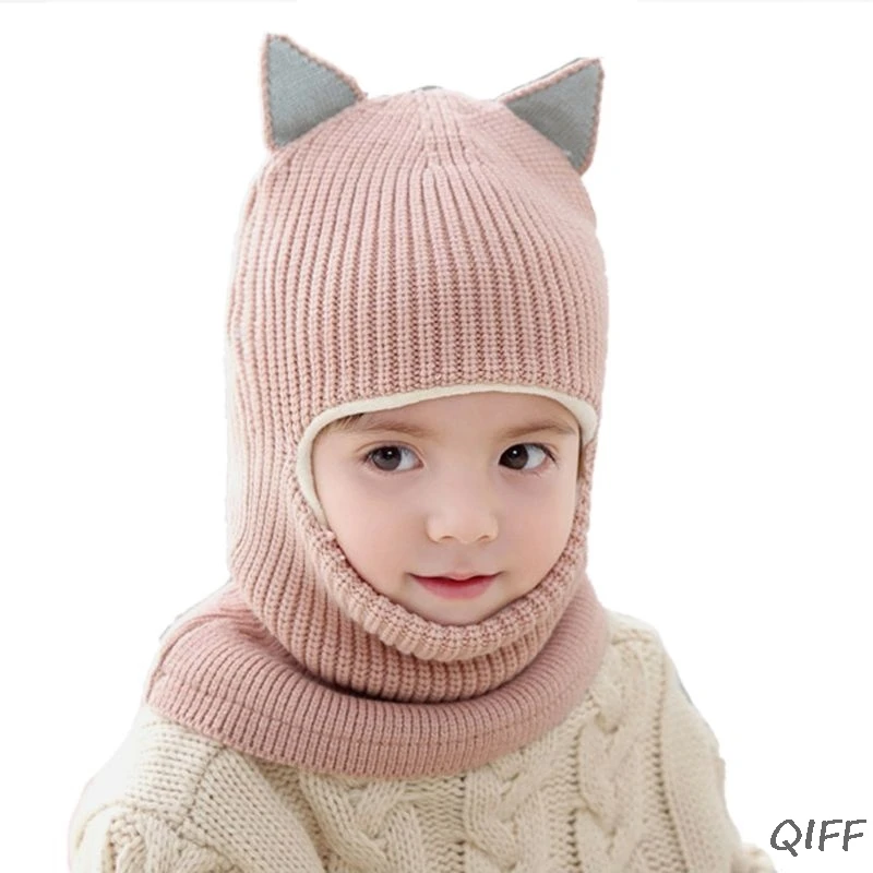 Light Pink Зимние детские шапки, вязаные шапки для маленьких девочек и мальчиков с теплой флисовой подкладкой, милые шапки с кошачьими ушками для детей от 2 до 5 лет - Цвет: Light Pink