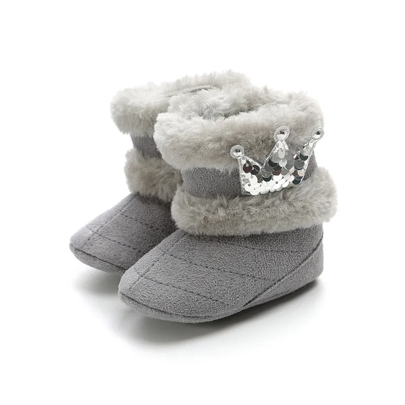 TOPATY Newborn Infant Baby Girl Winter Warm Crown Fur Mid-Calf Length Slip-On Furry Boots 0-18M New Zapatos De Bebe Snow Booties - Цвет: Gray Sliver