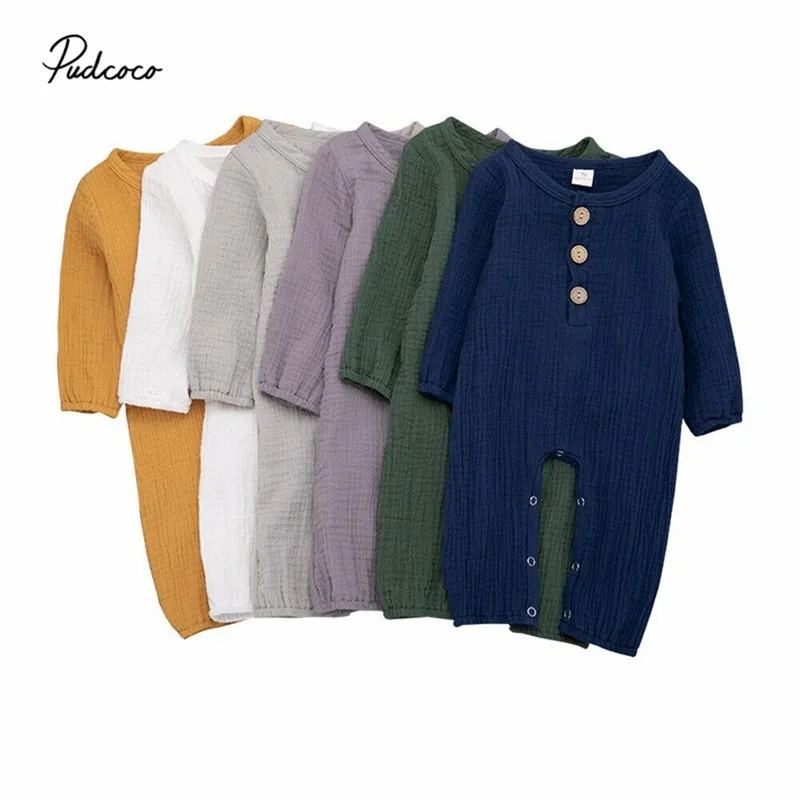 

2019 Newborn Baby Boys Girls Romper Cotton Linen Jumpsuit Long Sleeve Solid Color Rompers Casual Soft Baby Clothes 0 to 24M
