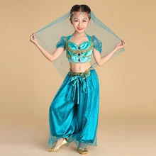 Детский костюм принцессы жасмин для Танцев Живота на Хэллоуин, Детский костюм Болливуда, комплект из 3 предметов, топ и штаны, фата