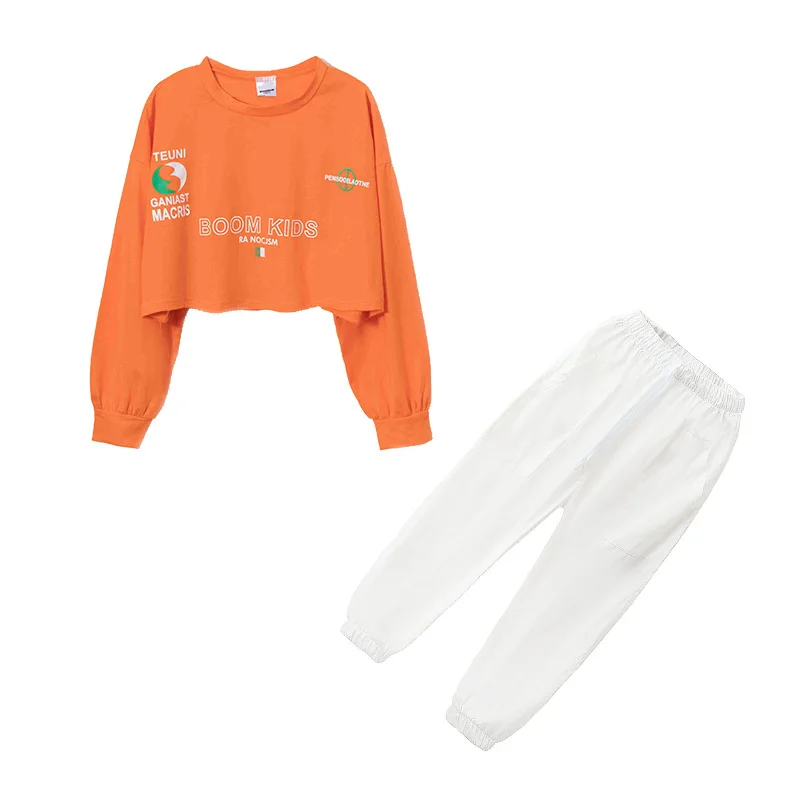 Kid Kpop Hip Hop Clothing Crop Top Long Sleeve T Shirt White Streetwear Jogger Pants for Girl Jazz Dance Costume Clothes