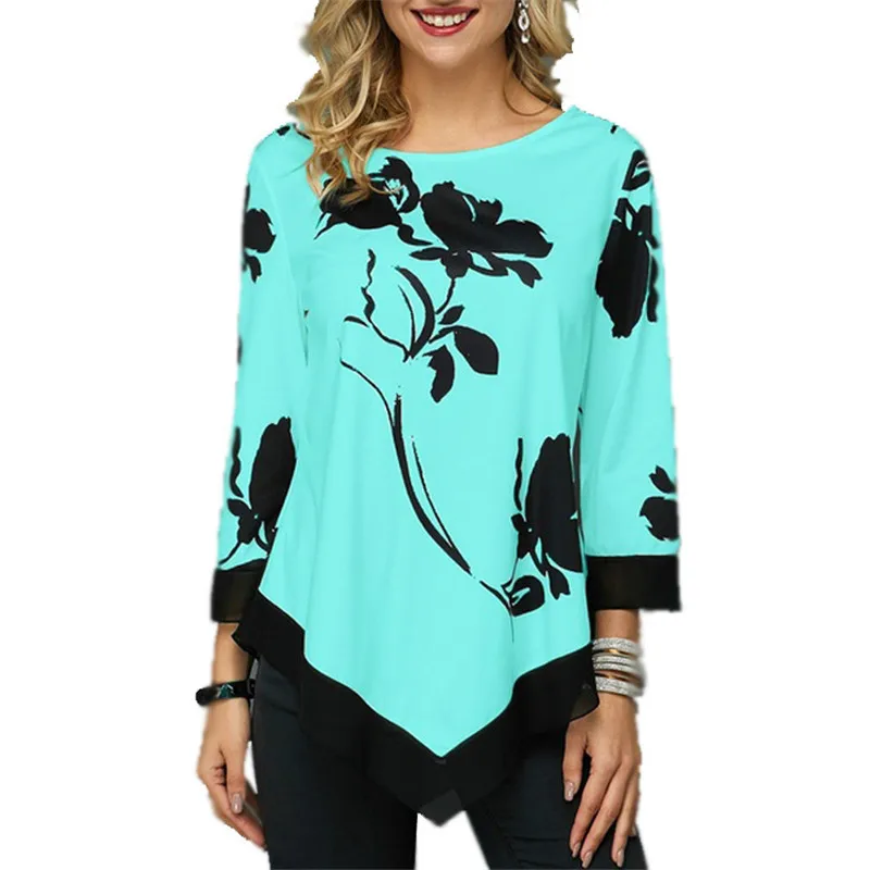4XL Plus Size Women Blouses 2019 Autumn Tops Casual Long Sleeve Print Lace Patchwork Shirt Lady Irregular Blouse Large Size 5XL