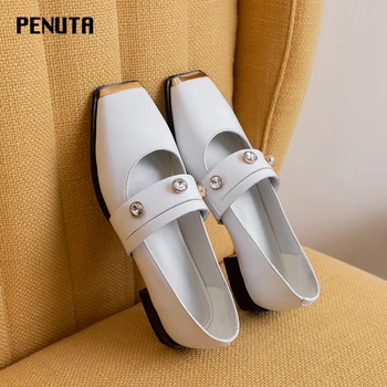 

2020 PENUTA Square Toe Autumn Shoes Women Metal Tip Genuine Leather Rhinestone Fashion Loafers European New Moccasins F0028
