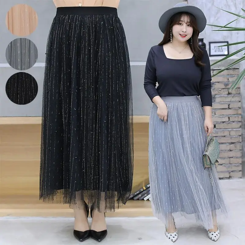 

2019 autumn Woman Skirt Korean Style Tutu Chiffon Mesh High Waist large size women's gold mesh yarn pearl skirts Female Bottom