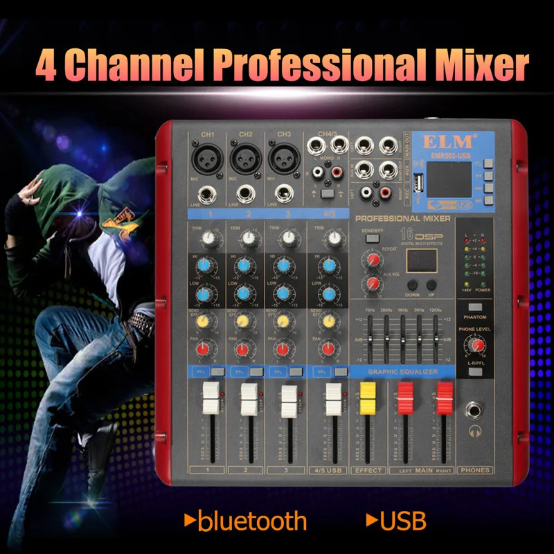 

Professional 4 Channel bluetooth Digital Microphone Sound Mixer Console Karaoke Audio Mixer Amplifier With USB for Party KTV