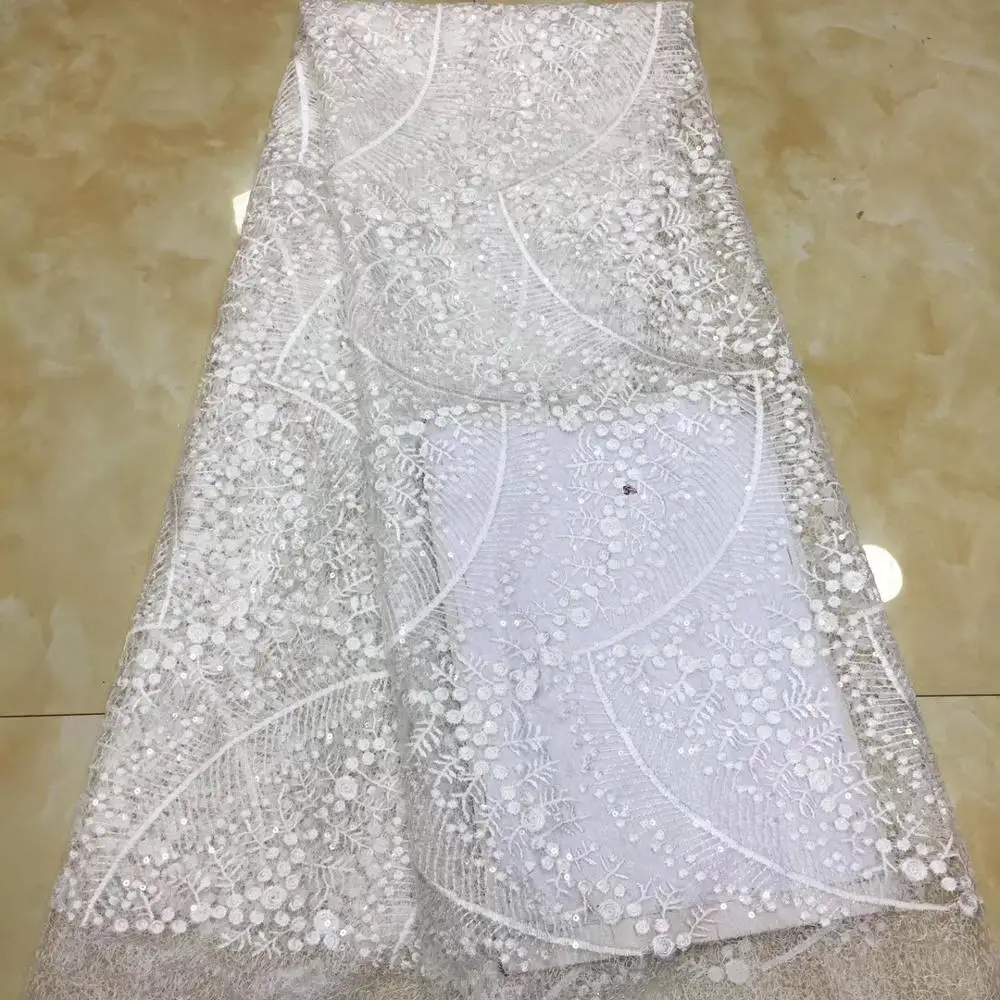 

French lace fabric 5yds/pce white embroidery sequins mesh fabrics women gorgeous luxury lagos party event asoebi dress 2020