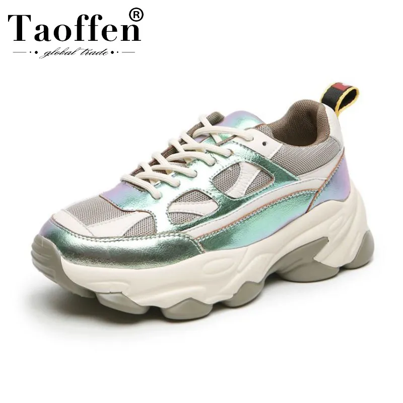 Taoffen Women Snearkers Real Leather Platform Thick Sole Fashion Shoes Women Round Toe Colorful Leisure Sneakers Size 35-39