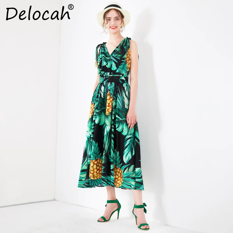 Delocah, весенне-летнее женское платье, подиум, модное, дизайнерское, сексуальное, v-образный вырез, простой бант, с растительным принтом, тонкое, женское, праздничное платье