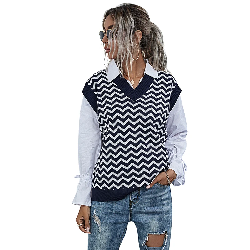 

2021 Autumn Winter Women Sleeveless Sweater Ladies Fashion Geometric Knit Shirt Female Simple Design Wave Stripe Pullover