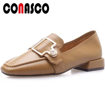 

CONASCO Classic Design Woman pumps Cow Leather Spring Autumn Casual Pearl decoration Metal Decoration Square Toe Square Heeled