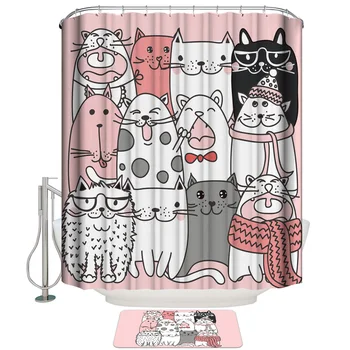 

Comic Cat Animal Pink Kawaii Shower Curtain Set and Anti-slip Floor Mat Outdoor Rugs
