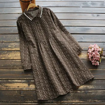 

7033 New Autumn Women Dress Loose Cotton and Linen Floral Print Dress Mori Girl Casual Long Sleeve Midi Dress