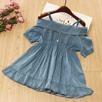 

Fashion Summer Denim Dress For Baby Girl Lapel Off The Shoulder Suspender Dress New Girl Korean Version Children's Clothing 2-6Y