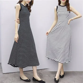 

Women Dress O-neck Striped Sleeveless Jumper Plus Size Dresses Mid-calf Summer Party Dress vestidos dress women платье