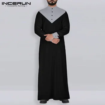 

INCERUN Men Islamic Muslim Kaftan Robes Patchwork Vintage Arabic Stand Collar Jubba Thobe Long Sleeve Men Indian Clothes S-5XL
