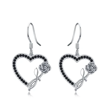 

[Black Awn] 100% 925 Sterling Silver Earring Heart Black Spinel Anniversary Flower Drop Earrings for Women Fine Jewelry I154