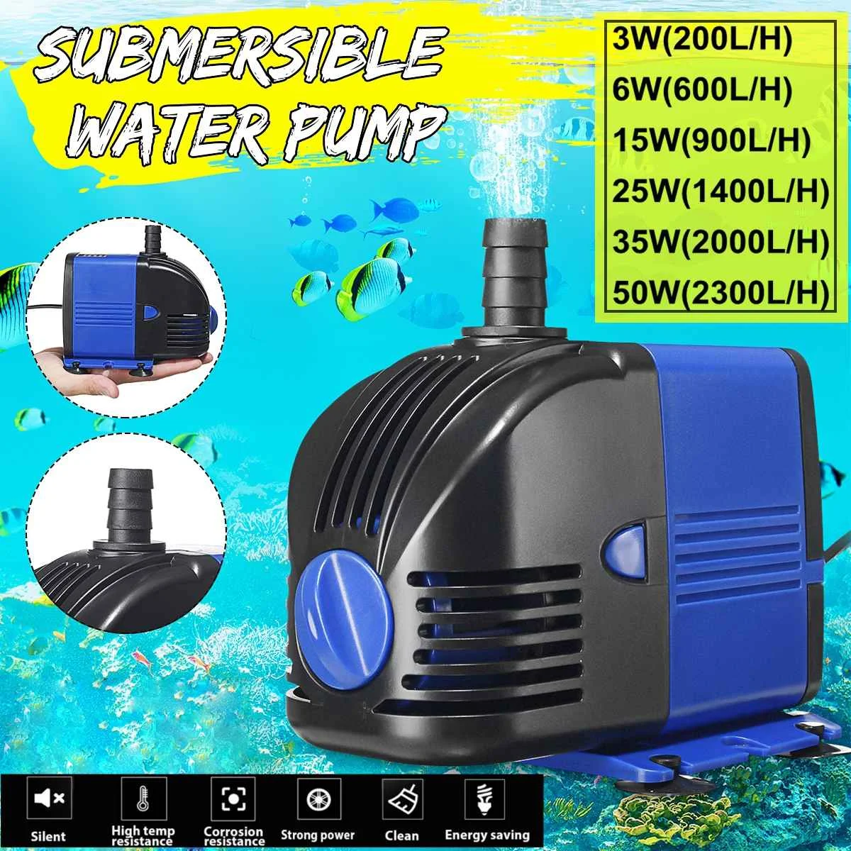 

220V-240V 3/6/15/25/35/50W Power Multifunctional Aquarium Water Pumps Tank Pond Pool Fountains Waterproof Submersible Fish Pond