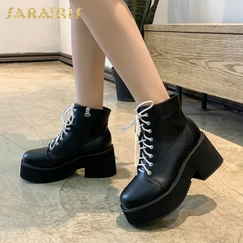 

Sarairis 2021 Fashion Genuine Leather Luxury Boots Women Shoes Chic Platform Skidproof cross-tied Work Ankle Booties Ladies