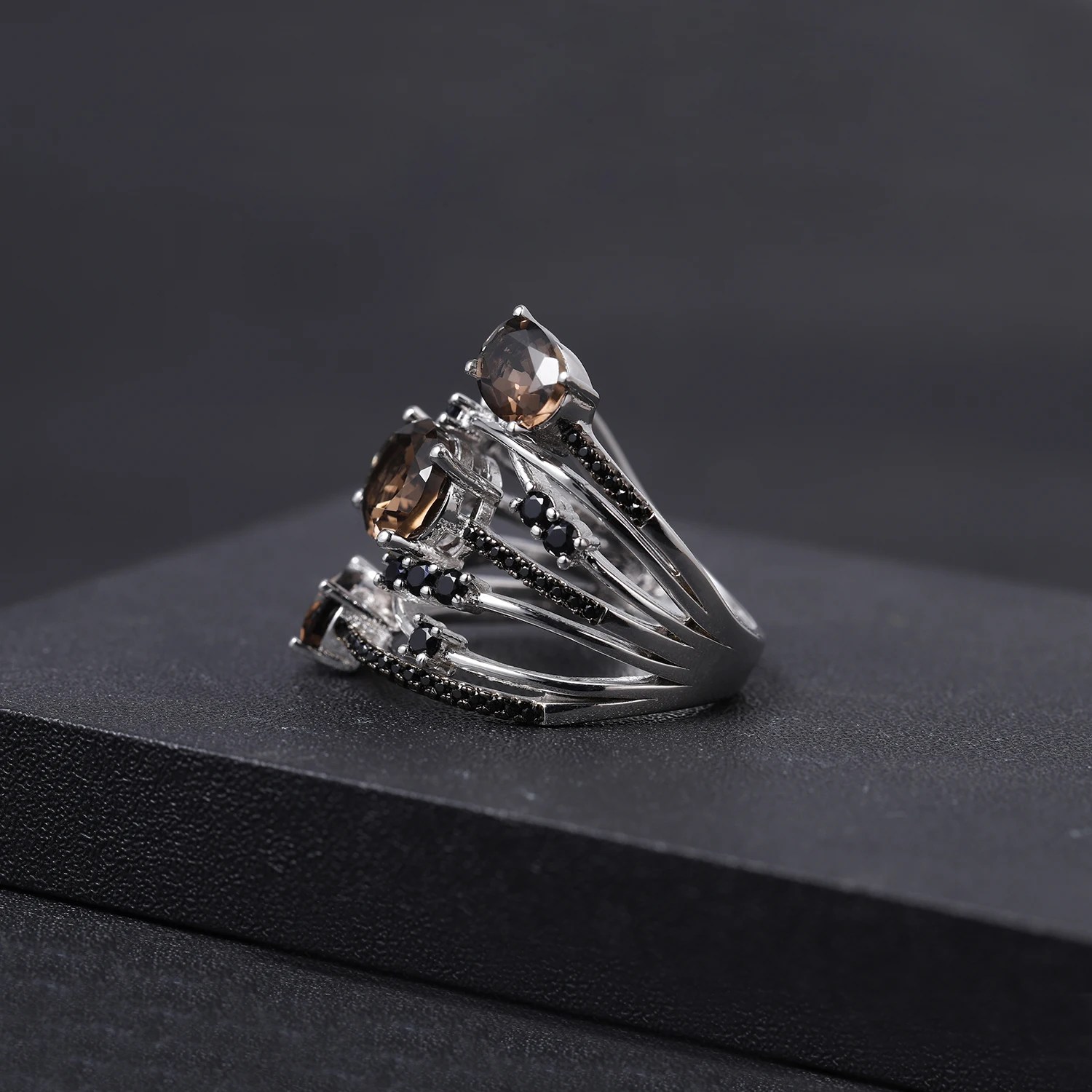 GEM'S балетное 925 пробы Серебряное кольцо с тремя камнями 3.30Ct Натуральный дымчатый кварц драгоценный камень кольца для женщин хорошее ювелирное изделие
