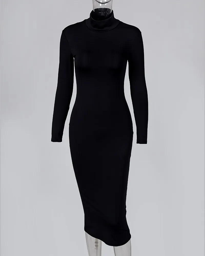 High Neck Long Sleeve Slinky Midi Dress Women Elegant Solid Skinny Bodycon Party Dress(Without Belt