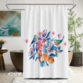 

High-quality garden bathroom products with flower and bird print shower curtains, waterproof bathroom decoration with hooks