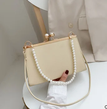 

Women Leather Bags, Shoulder Pack, Portable Pearls Handle Envelope Square Decorative Girl’s Bag