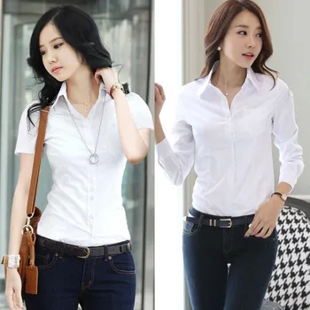 

New Fashion Office Summer Quality Blouse Women's Shirt Formal Party Long Sleeve Slim Collar Blouse Casual Solid White Shirt