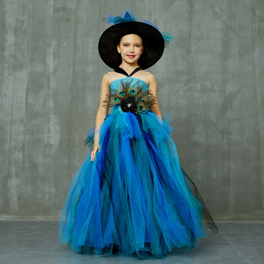 Girls Deluxe Peacock Feather Tutu Dress with Witch Hat Children Fancy Purim Pageant Birthday Party Costume Kids Prom Ball Gown (10)