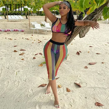 

WUHE Two Piece Matching Sets Women Sleeveless Mesh Stripe Crop Top & High Waist Bodycon Pant Sexy Hollow Out Night Club Sets