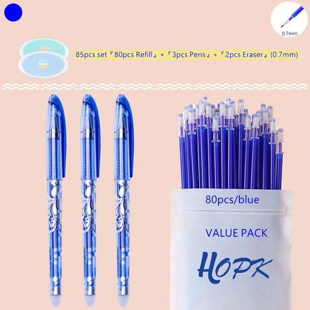 85Pcs/Set Blue Black Ink Gel Pen 0.5mm Erasable Refill Rod Erasable Pen Washable Handle School Writing Kawaii Stationery Gel Pen 0.7mm Blue set A