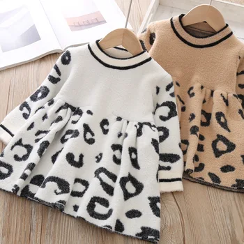 

New Year1-5Y Baby Autumn warm Dress Children Knit Dress Girls Leopard Sweater Dress Toddler Dresses Winter Christmas Girls Dress