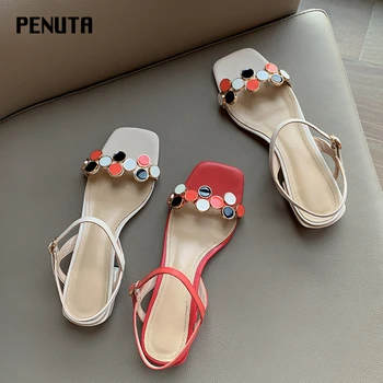 

2020 PENUTA Comfortable Sandals Genuine Leather Ankle Strap Ladies Mid Heel Summer Shoes Female Casual Footwears New Style X0047