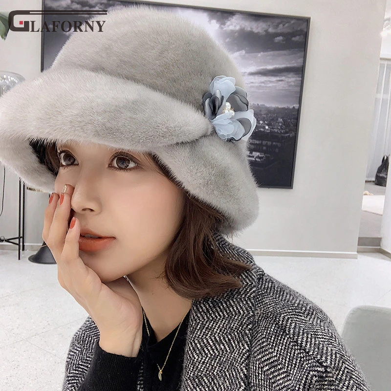 

2019 Glaforny hat women autumn and winter elegant French mink fur whole skin sun helmet female sun hat flower sun hat