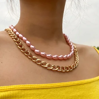 

Trendy Punk Simulated Pearls Beaded Necklace Chokers for Women Gold Color Metal Clavicle Chain Chunky Necklace Wedding Jewelry