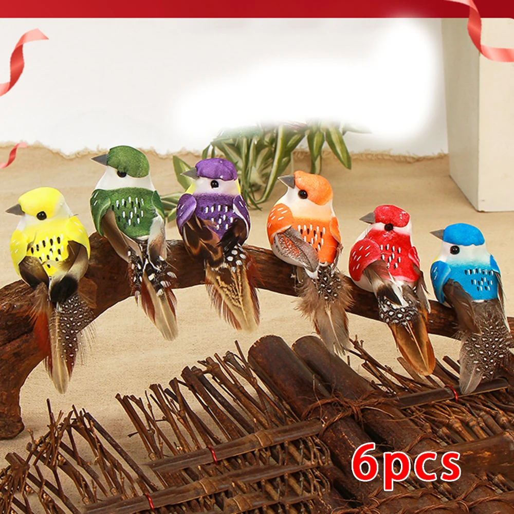 6Pcs Artificial Birds Animal Simulation Fake Feather Birds Models Garden Decoration Ornament Xmas Tree Decor