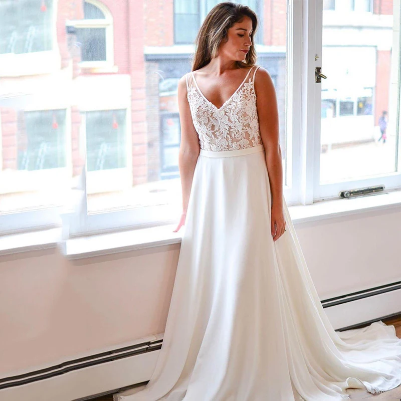

LORIE Boho Wedding Dresses 2019 A Line V Neck Chiffon Cheap Beach Wedding Gown Appliques Lace Wedding Bride Gowns