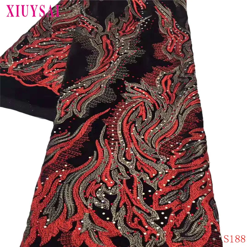 

XIUYSAI Heavy French stones velvet Tulle Lace Fabric Burgundy African Embroidery Net Lace Fabric With High Quality French lace