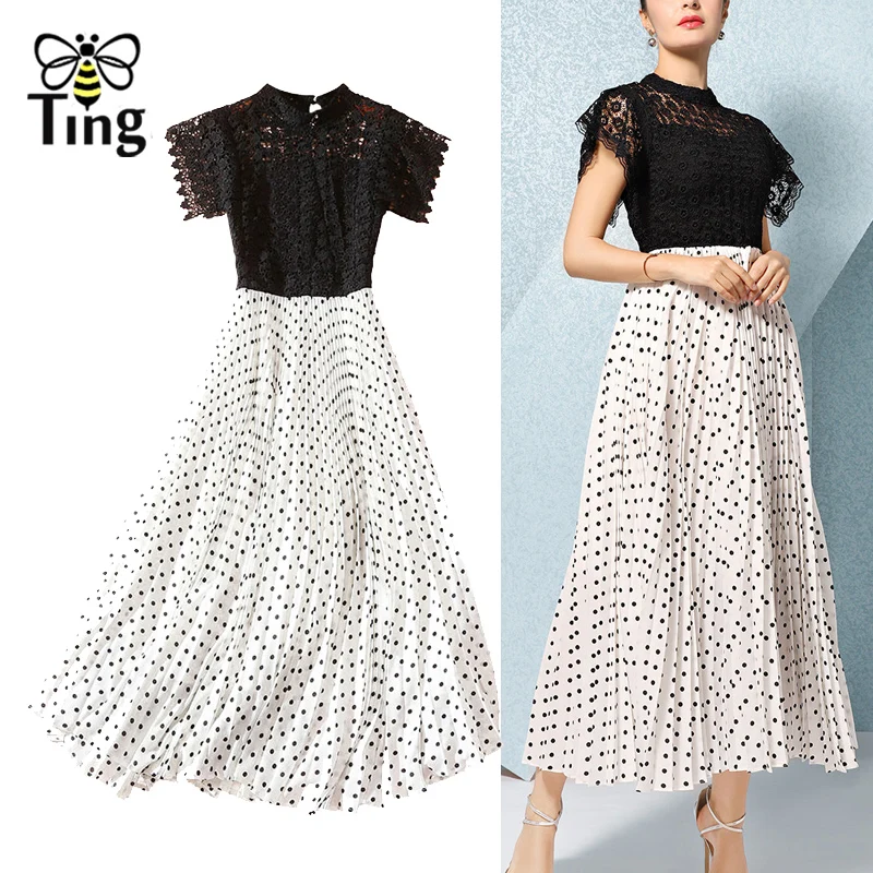 

Tingfly New Designer Ruffles Lace Patchwork Pleated Dot Summer Dress Elegant Women Office Work Dress Tea Length Casual Vestidos
