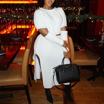 

Two Piece Outfits for Women Long Sleeve O-neck Top & Bodycon Slit Skirt