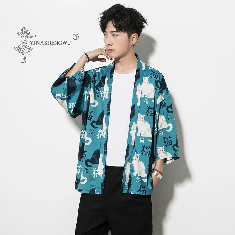 Кимоно Yukata с принтом кошки кардиган для мужчин женская одежда Харадзюку Япония