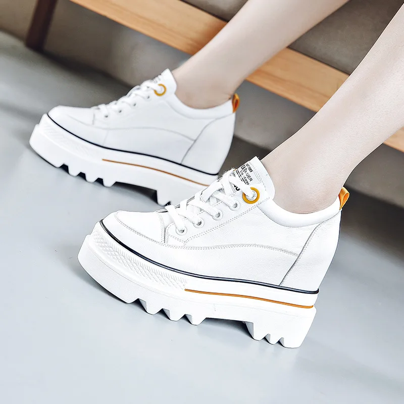 

Spring New Style Thick Bottomed Elevator Leather Short Boots Women's Korean-style Lace-up Leisure Board Shoe Student White Shoes