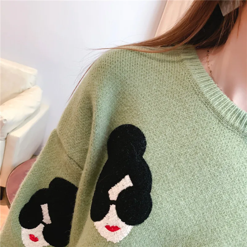 Plus Size Knitted Sweater women tops Cartoon Embroidery Thicken Pullovers women Jumper Sweater Ladies Knit Top women Sweater