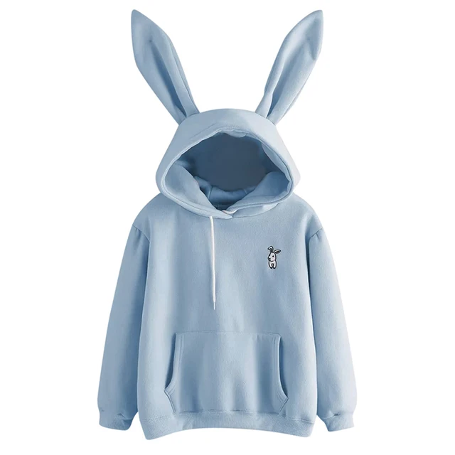 QRWR 2021 Autumn Winter Women Hoodies Kawaii Rabbit Ears Fashion Hoody Casual Solid Color Warm Sweatshirt