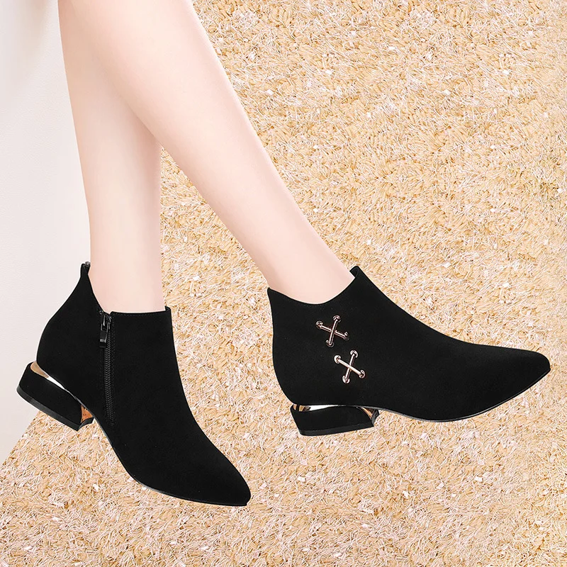 

2018 Autumn & Winter New Style 3461 Pointed-Toe Chunky Heel Side Zipper Metal Martin Boots WOMEN'S Boots WOMEN'S Boots
