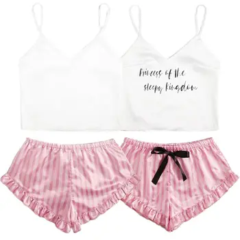 

Women Sexy Satin Pajamas Set V-Neck Letter Print Camisole Top Pink Stripes Bowknot Ruffles Hem Shorts Nightwear Lingerie
