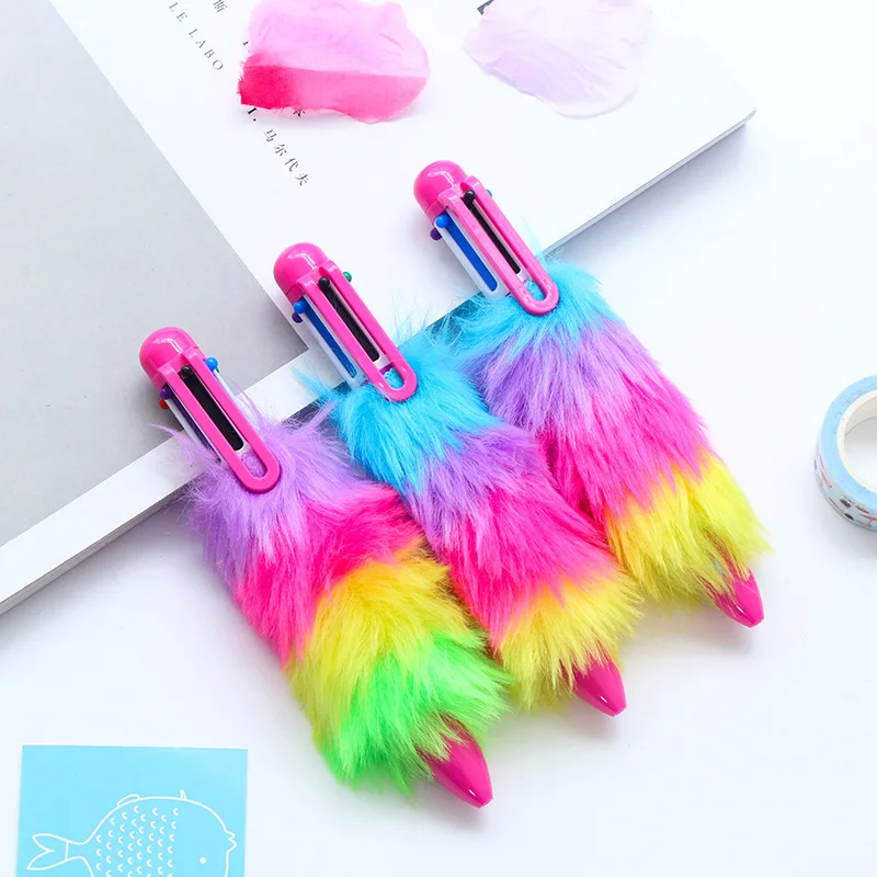 8 Pcs Creative Ballpoint Pen Cute Imitation Plush Six Color Plastic Ball Pen Colorful Multicolor Writing Office Supplies