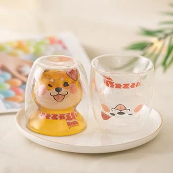 

Set of 2-301-400ml double layer heat proof water glass creative dog print cute office home morning milk glass cups GLA-85