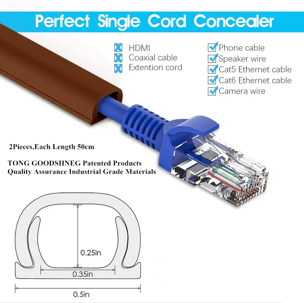 Wall Cord Hider Mini On-Wall Cable Cover Hide a Cable Concealer for Speaker Wire,Ethernet W0.5in H0.35in,Brown Cord Cover