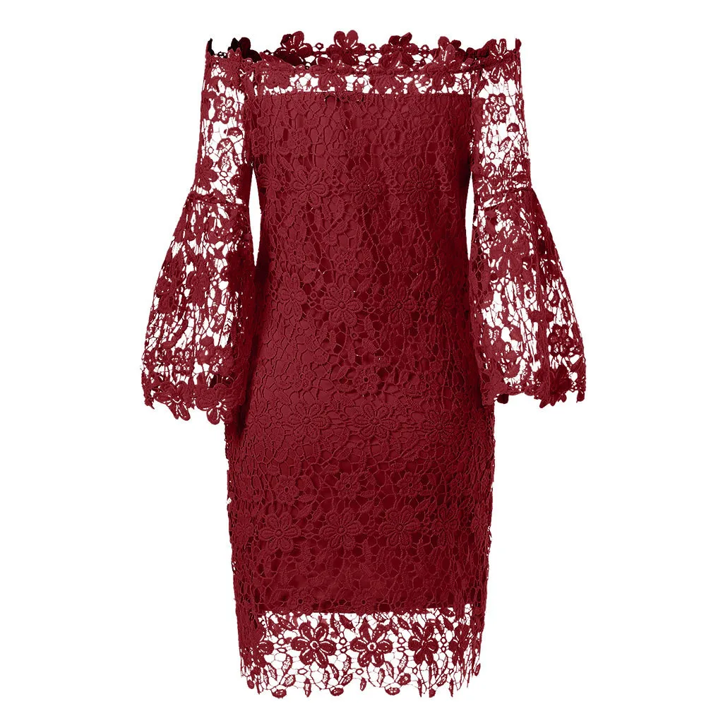 Red sukienki vestidos размера плюс дамское однотонное кружевное зимнее платье с рукавами и вырезом - Цвет: Red