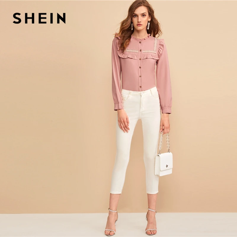 SHEIN розовая вышитая лента панель с рюшами отделка пуговица спереди милая блузка
